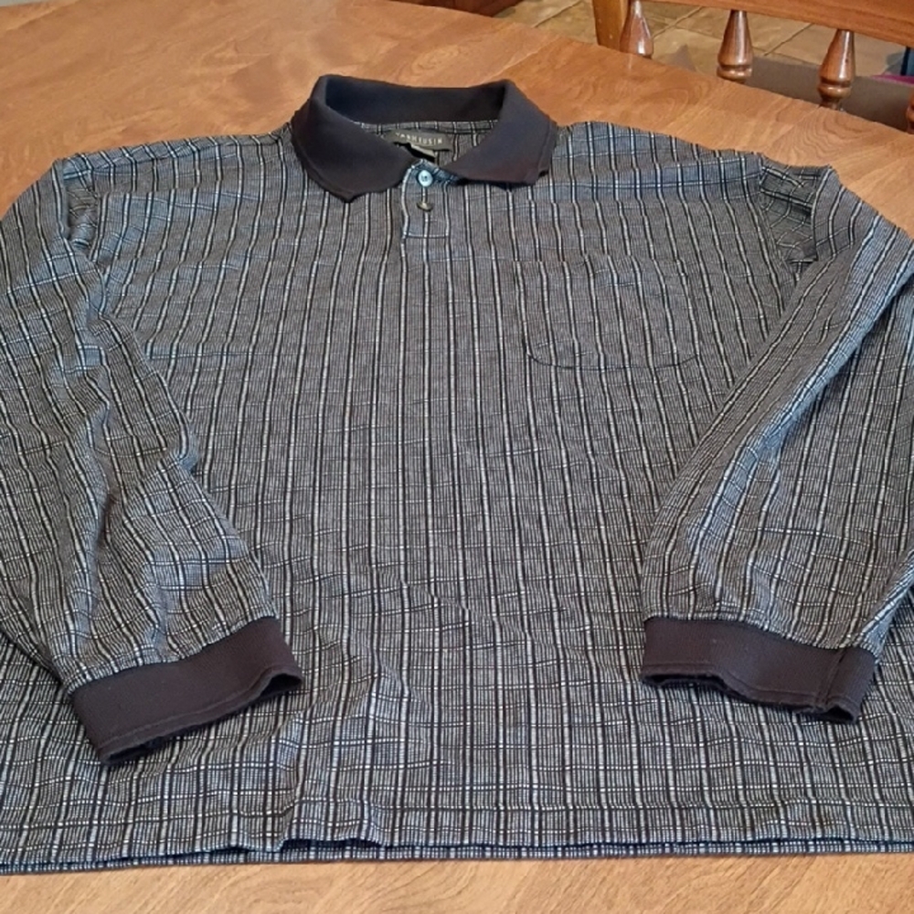 Van Heusen Black and Gray Striped Polo Shirt Long Sleeve Size Large